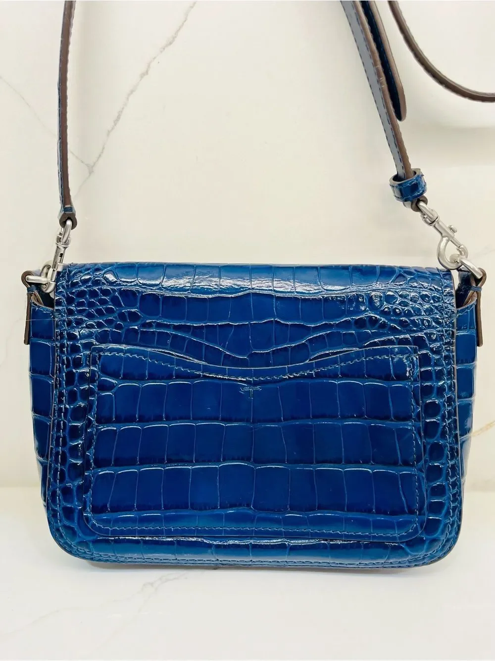 Tory Burch Thea Croc-Embossed Leather Flap Crossbody Bag Adjustable Straps